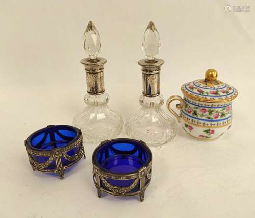 Pair of cut glass scent bottles with silver mounts, a pair o...