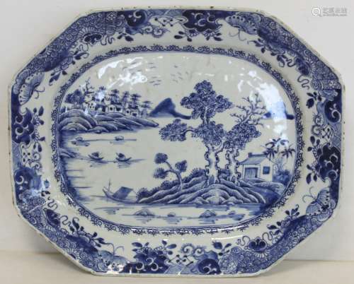 18th century Chinese blue and white porcelain ashet of octag...
