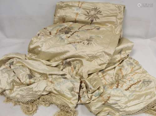 Late 19th/early 20th century Chinese cream silk satin bedspr...