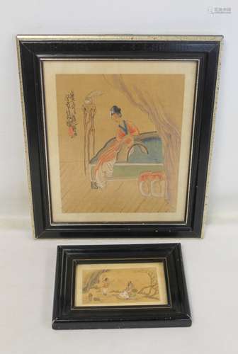 Chinese watercolour painting on silk of a lady reclining on ...