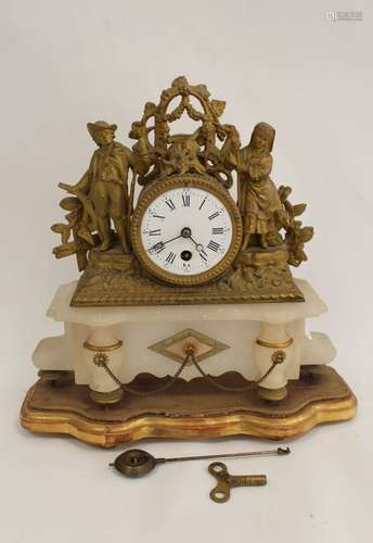 French spelter mantle timepiece with two figures on giltwood...