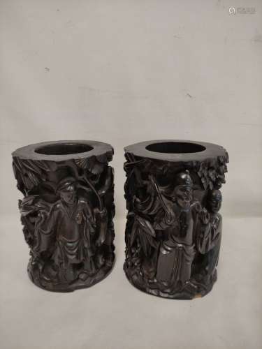 19th century pair of large Chinese heavily carved 'blackwood...