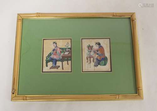 Pair of Chinese pith paper watercolours of Chinese girls sew...