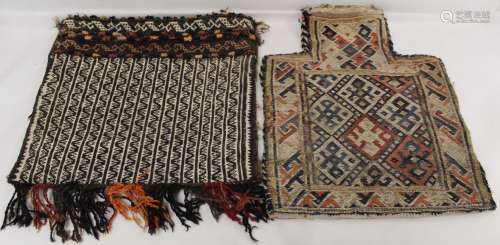 Two Afghan Baluchi salt bags with woven geometric decoration...