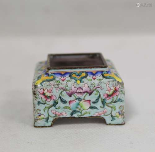 Small Chinese Canton enamel brush pot of square form with br...