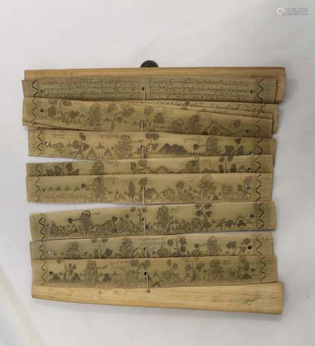 Tibetan prayer book, the illustrated leaves between two bamb...