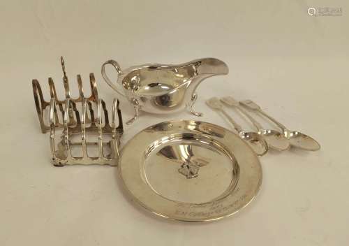 Silver circular dish, two individual toast racks, two tea sp...
