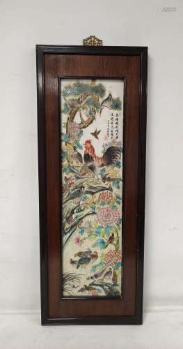 Large framed Chinese porcelain plaque depicting a cockerel a...