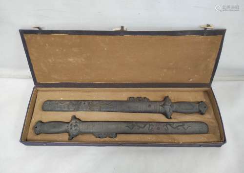 Rare Chinese ink block pair of swords, fitted box. Late Qing...