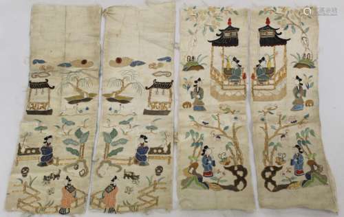 Two pairs of Chinese silk embroidered sleeve panels depictin...
