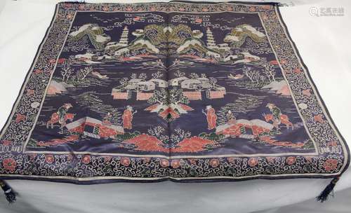 Oriental woven brocade panel depicting a landscape with figu...