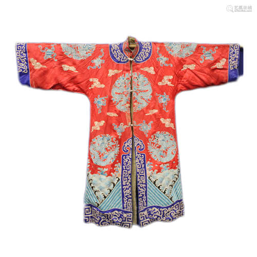 19th century Chinese embroidered red silk court dragon robe ...