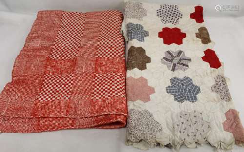 Victorian small pieced patchwork bedspread in plain and prin...