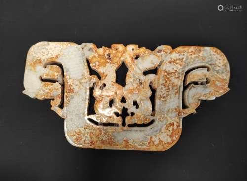 Large Chinese jade plaque in archaic style, depicting stylis...