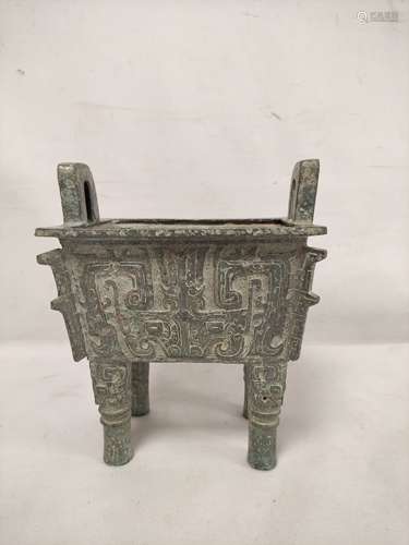 Chinese bronze rectangular censer (fangding) in archaic styl...