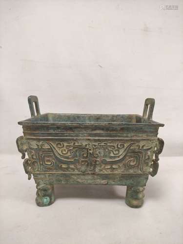 Large Chinese bronze rectangular censer (fangding) in archai...