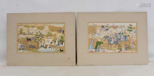 PERSIAN SCHOOL. 2 gouache paintings, one depicting courtly f...