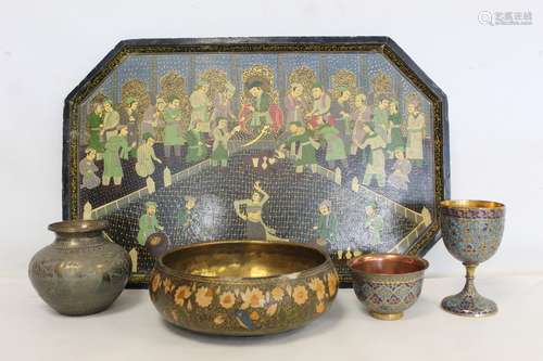 Indian painted lacquered tray of octagonal form depicting a ...