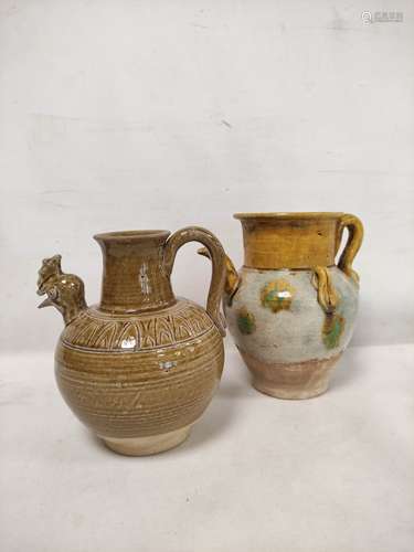 Early Chinese, possibly Tang dynasty, pottery ewer, part yel...