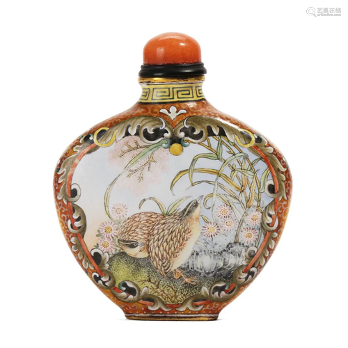 AN ENAMELLED BRONZE 'FLOWERS AND BIRDS' SNUFF BOTTLE