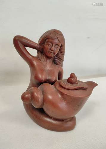 Chinese Yixing red clay teapot, modelled as a nude lady, imp...