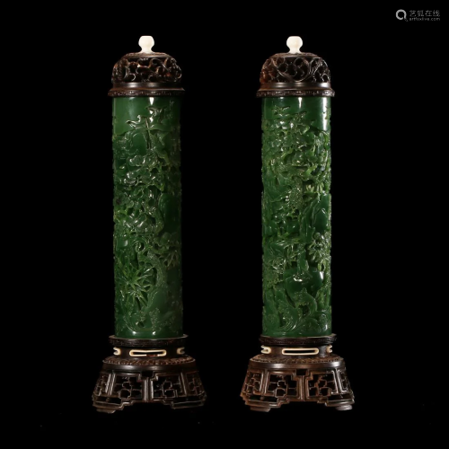 A PAIR OF SPINACH-GREEN JADE PARFUMIERS