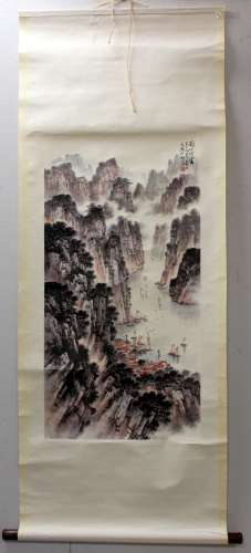 Two Chinese reproduction scroll paintings, one depicting a m...