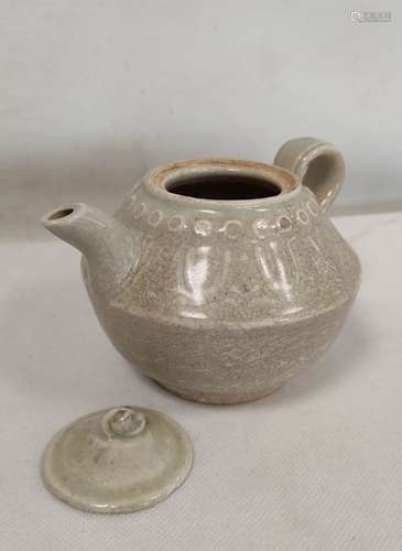 Antique Chinese Celadon ware lidded teapot with crackle glaz...