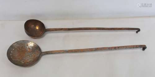 19th century beaten copper ladle, 56cm long and a similar sk...