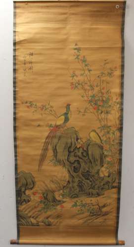 Reproduction Chinese scroll painting depicting two golden ph...