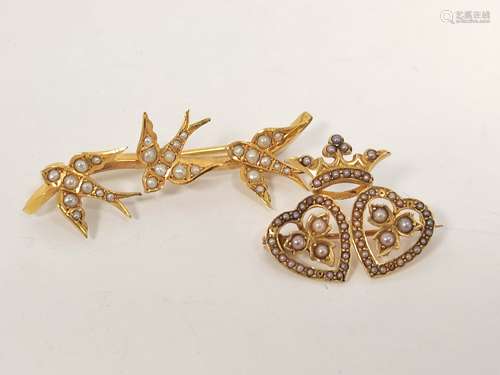 Gold and pearl triple swallow brooch and another similar wit...