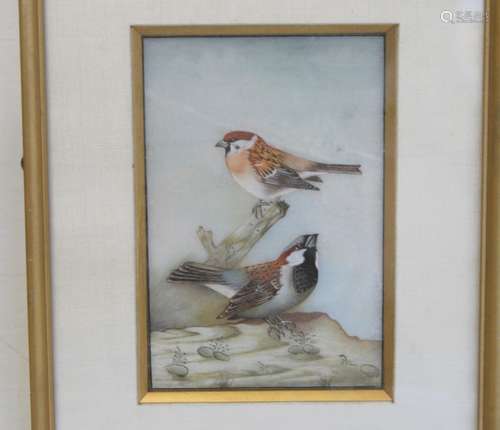 Indian gouache painting on marble of two sparrows, 14.5cm x ...