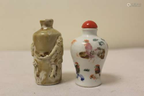 Two antique Chinese porcelain snuff bottles one of baluster ...