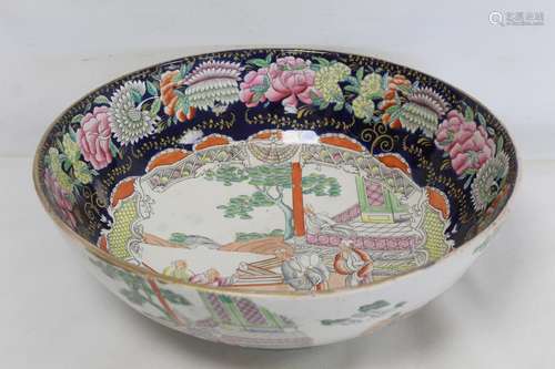 Large early 19th century wash bowl with polychrome enamel an...