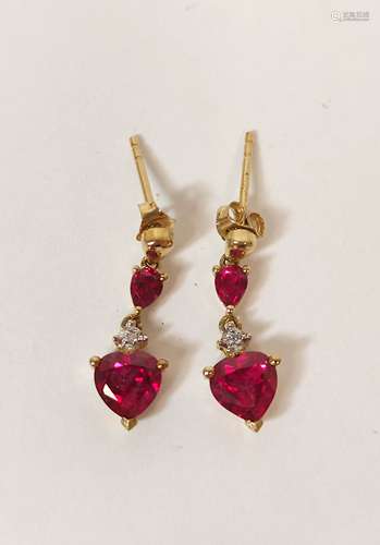 Pair of synthetic ruby and diamond drop earrings.