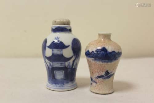 Two Chinese porcelain snuff bottles to include a blue and wh...