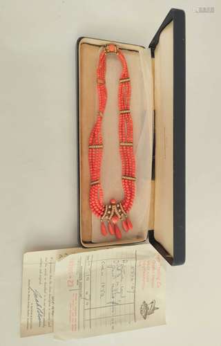 Victorian collar with four rows of coral beads, with pearl a...