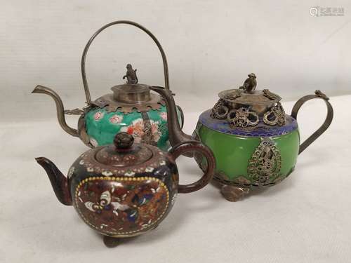 Three Chinese teapots to include one of green Peking glass w...