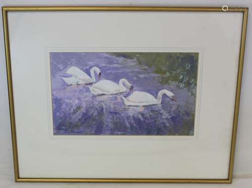 JUNE BENNETT (CUMBRIAN 1935-2013). Three swans. Oil on board...