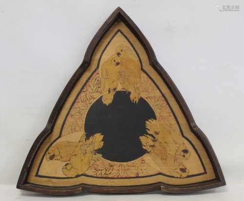 Arts & Crafts pokerwork tray of lobed triangular form decora...