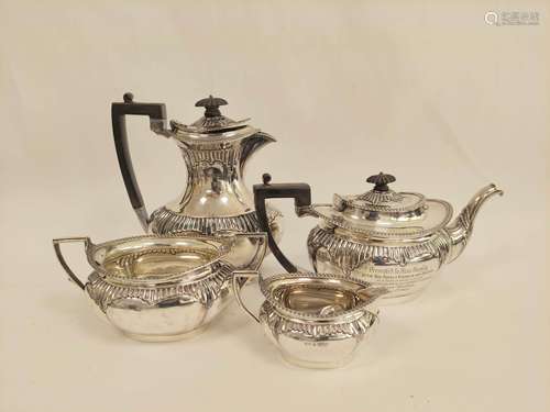 Silver four-piece tea set, oval part fluted, inscribed 'Half...