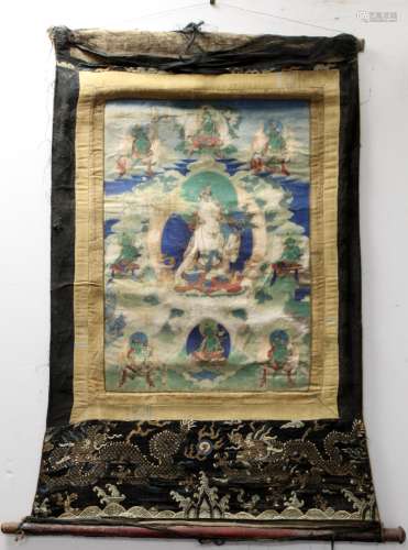 Antique Tibetan Buddhist Thangka depicting Guanyin seated on...