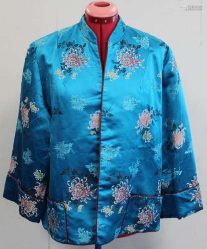 Vintage Chinese lady's jacket in turquoise floral brocade wi...