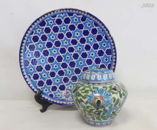 Iznik pottery circular plate with flowerhead star lattice de...