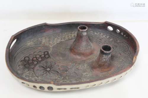 Studio pottery oval bowl or tray with raised pierced sides, ...