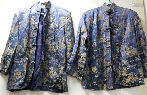 Two vintage Chinese lady's jackets in blue brocade decorated...