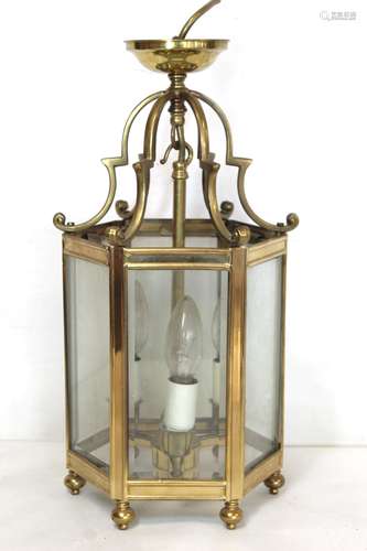 Georgian style brass hall lantern of hexagonal form with bev...