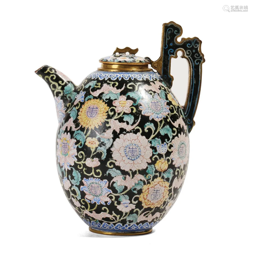 AN ENAMELLED BRONZE FLORAL EWER