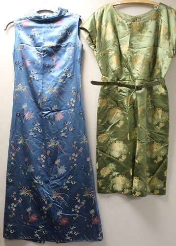 Two vintage Chinese silk brocade dresses, one sage green wov...