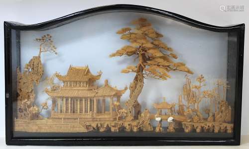 Chinese carved cork diorama depicting a pavilion on a lake w...